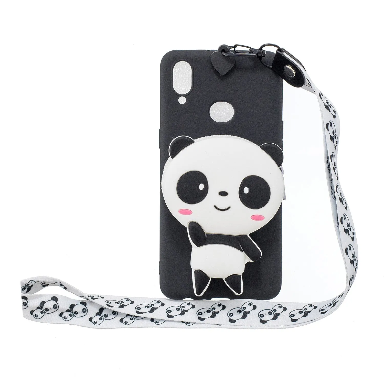 For Samsung A10S A20S TPU Full Protective Cartoon Mobile Phone Cover with Coin Purse Hanging Lanyard 4 black pandas