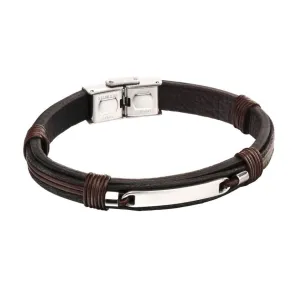 Fred Bennett ID Bar Black Leather Mens Bracelet With Brown Cord Detail