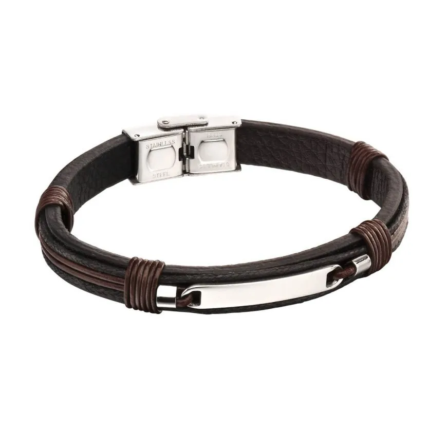 Fred Bennett ID Bar Black Leather Mens Bracelet With Brown Cord Detail