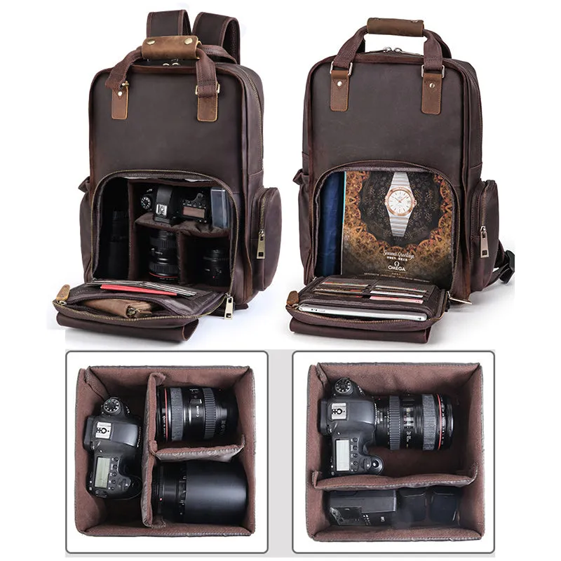 Full Grain Leather DSLR Camera Backpack Full Grain Leather Travel Backpack Crazy Horse Leather Mens Laptop Backpack