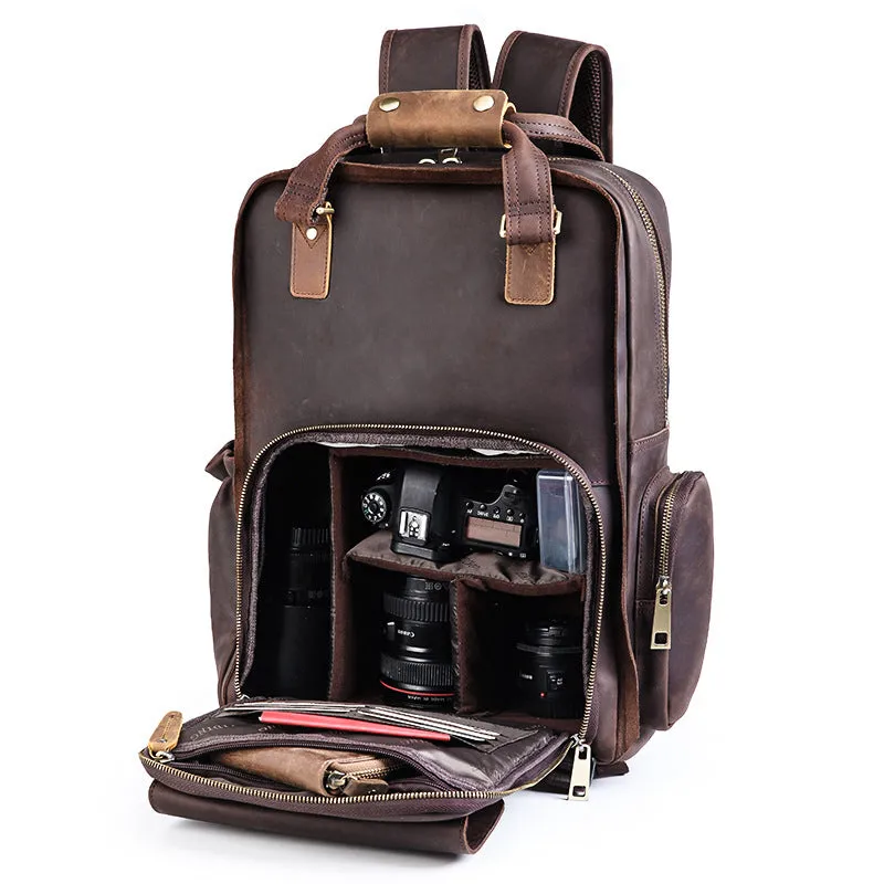 Full Grain Leather DSLR Camera Backpack Full Grain Leather Travel Backpack Crazy Horse Leather Mens Laptop Backpack