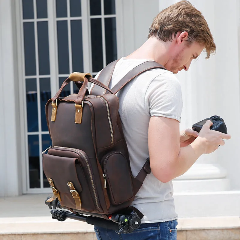 Full Grain Leather DSLR Camera Backpack Full Grain Leather Travel Backpack Crazy Horse Leather Mens Laptop Backpack