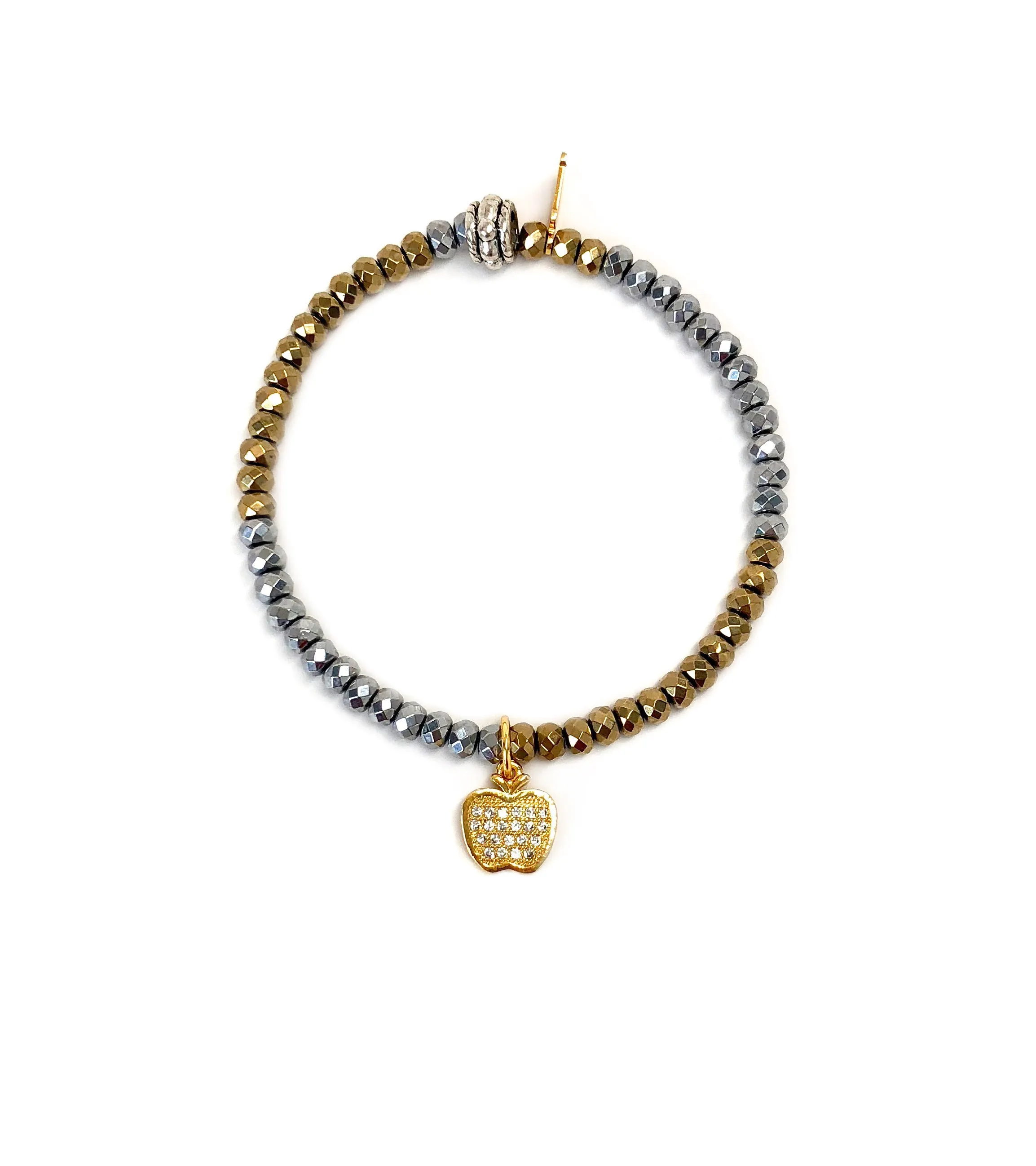 Gold Apple Charm Bracelet Set on Silver & Gold Hematite