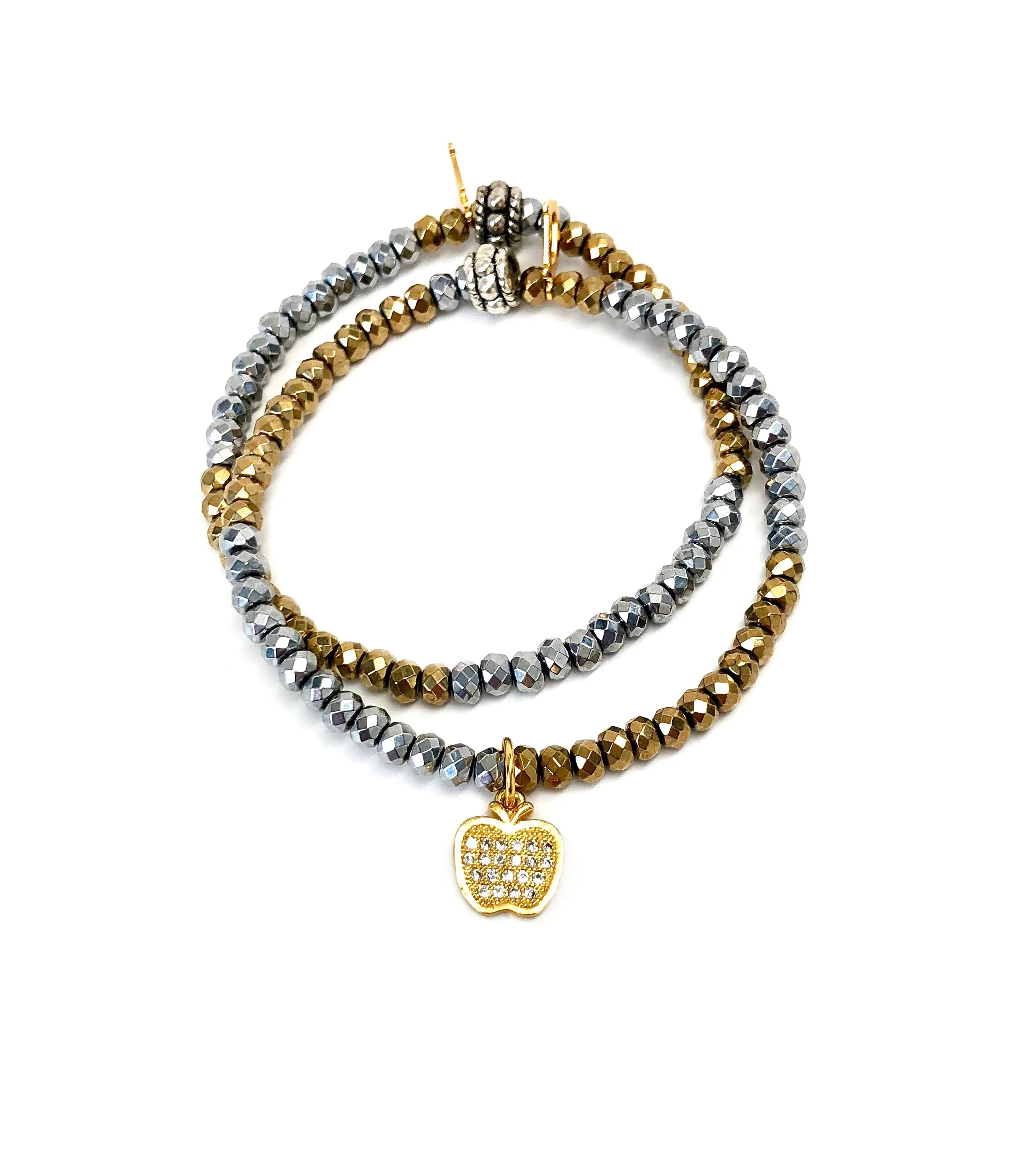 Gold Apple Charm Bracelet Set on Silver & Gold Hematite