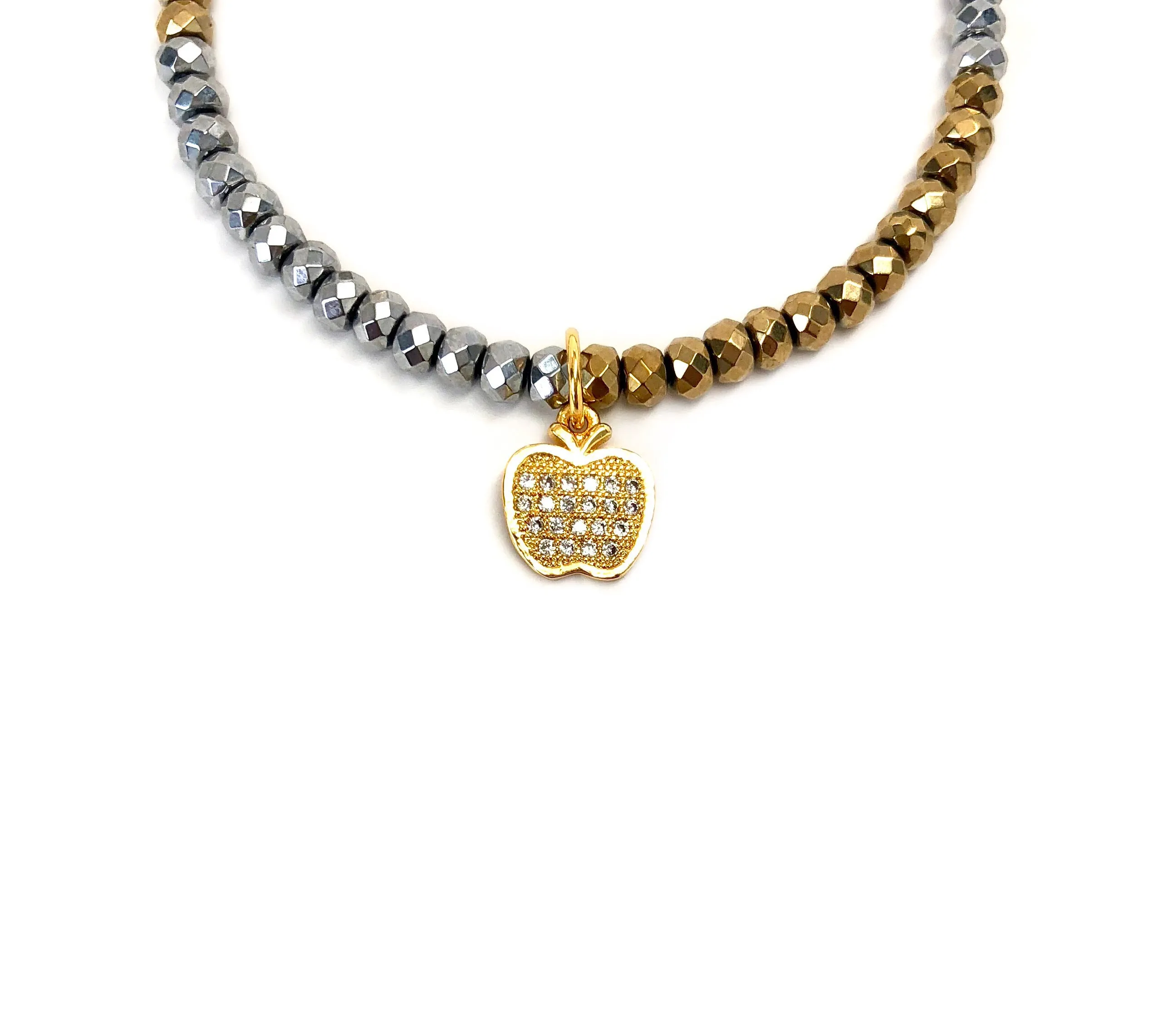 Gold Apple Charm Bracelet Set on Silver & Gold Hematite