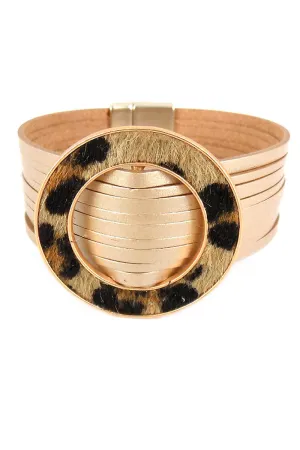 Gold Faux Leather Brown Leopard Ring Multi-Strand Magnetic Bracelet