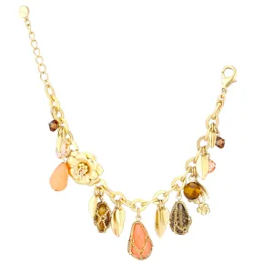 GOLD FLOWERS AND LEAVES TIGER'S EYES AND PEACH STONE  BRACELETS #170CR2101 (IB22)