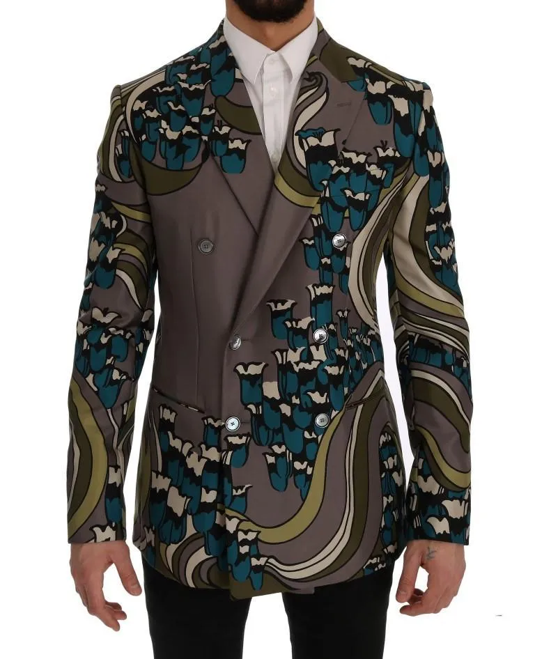 Gray Silk Double Breasted Blazer Jacket