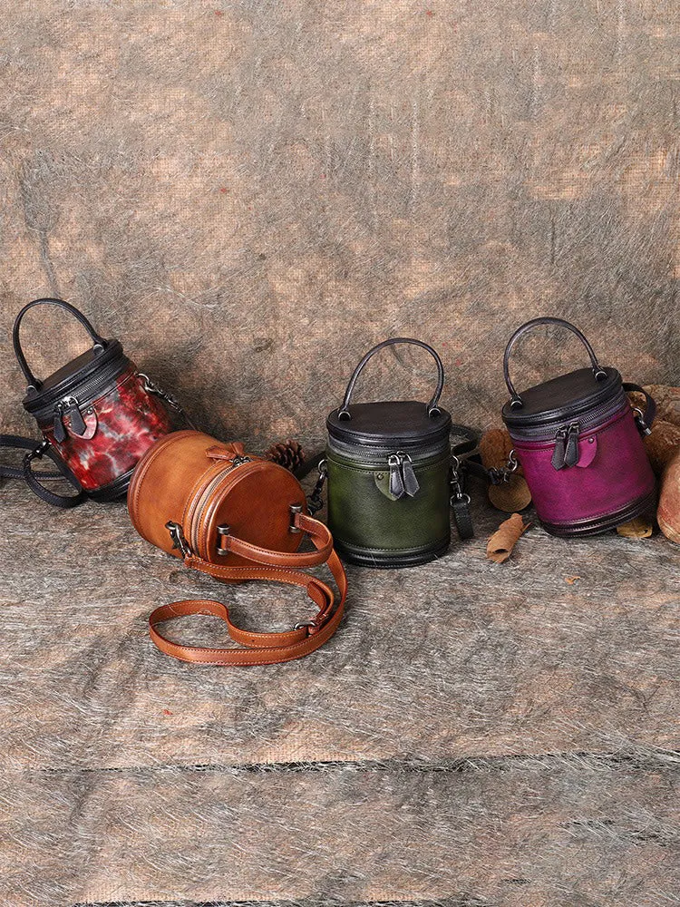 Green Leather Womens Bucket Handbag Barrel Shoulder Bag Crossbody Purse for Ladies