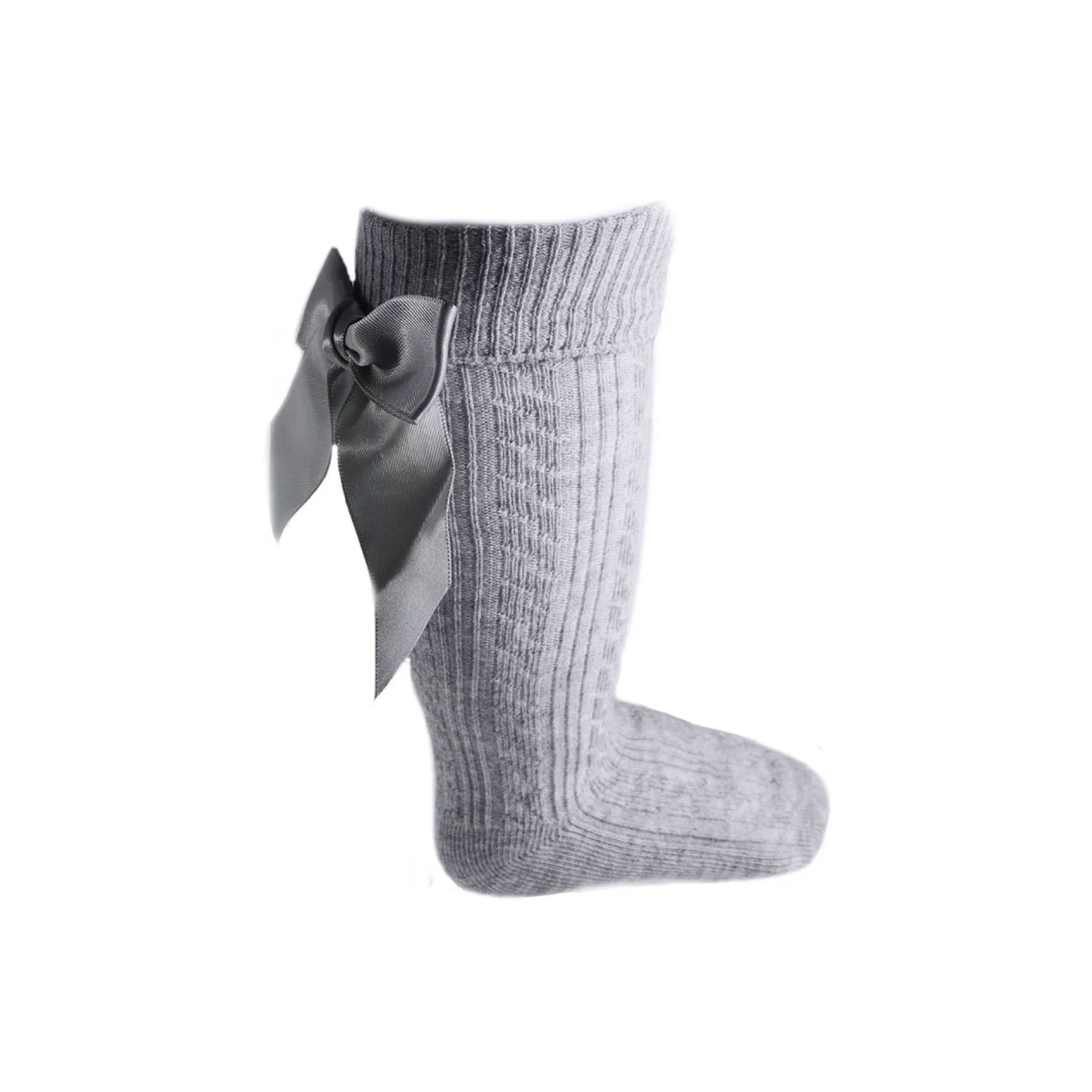 Grey knee length socks with satin bow (0-24 months)