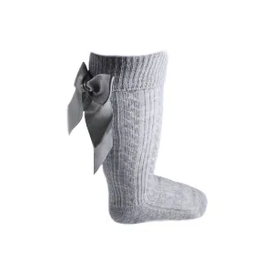 Grey knee length socks with satin bow (0-24 months)