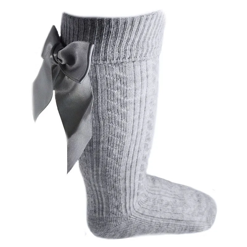 Grey knee length socks with satin bow (0-24 months)