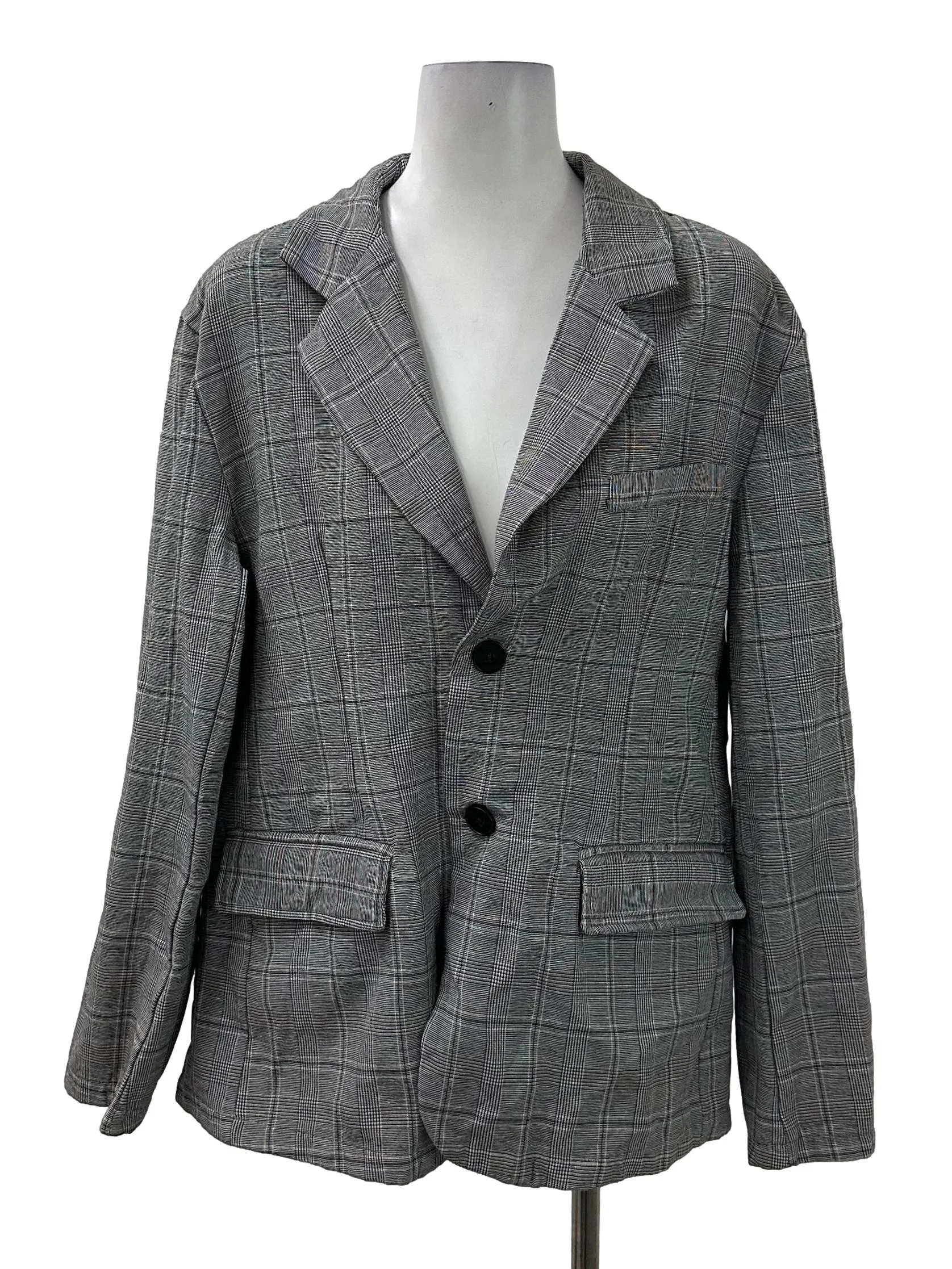 Grey Plaid Double Button Blazer