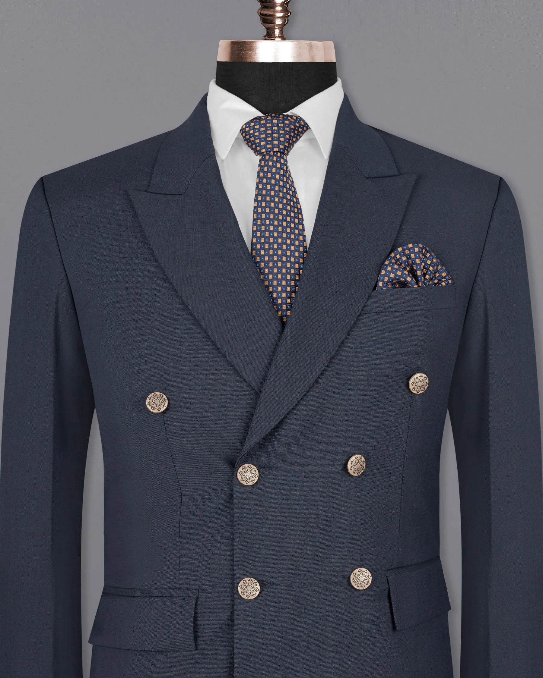Greyish Blue Double-Breasted Wool Rich Blazer