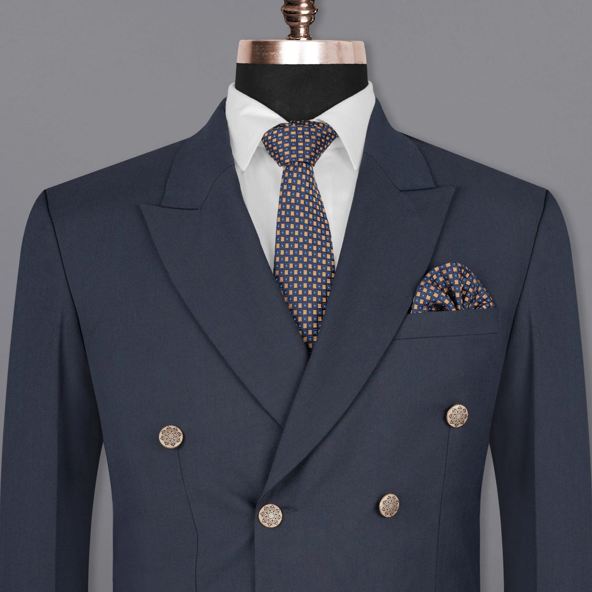 Greyish Blue Double-Breasted Wool Rich Blazer