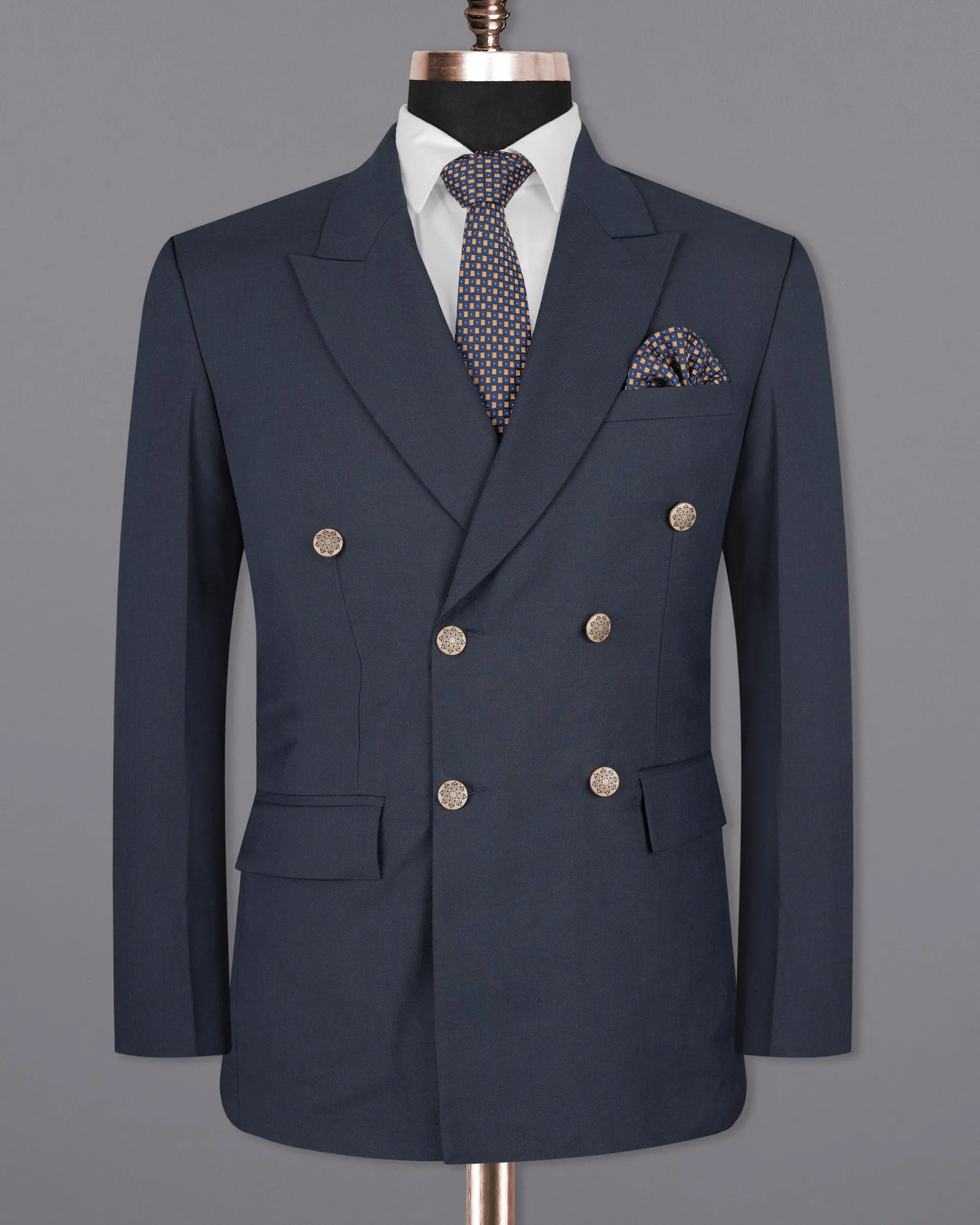 Greyish Blue Double-Breasted Wool Rich Blazer