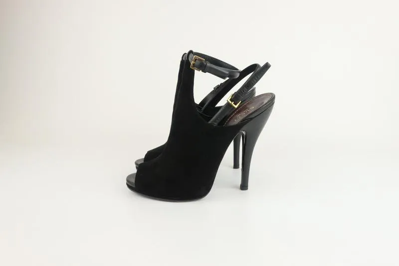 Gucci Jane Open Toe Booties Black Suede Size 38.5 Ankle Strap Heel
