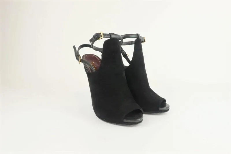 Gucci Jane Open Toe Booties Black Suede Size 38.5 Ankle Strap Heel