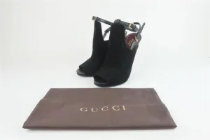 Gucci Jane Open Toe Booties Black Suede Size 38.5 Ankle Strap Heel