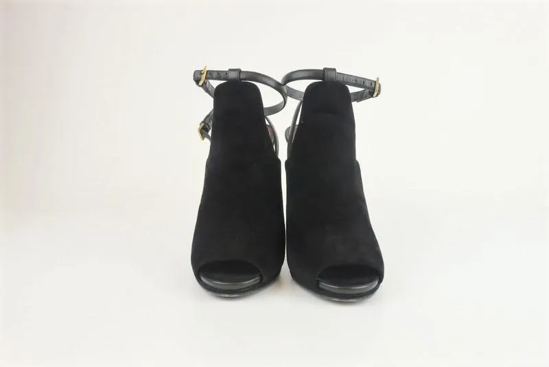 Gucci Jane Open Toe Booties Black Suede Size 38.5 Ankle Strap Heel
