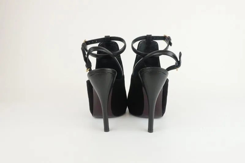 Gucci Jane Open Toe Booties Black Suede Size 38.5 Ankle Strap Heel