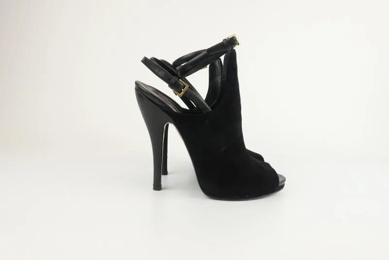 Gucci Jane Open Toe Booties Black Suede Size 38.5 Ankle Strap Heel