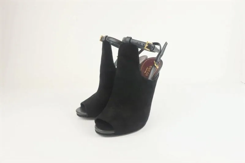Gucci Jane Open Toe Booties Black Suede Size 38.5 Ankle Strap Heel