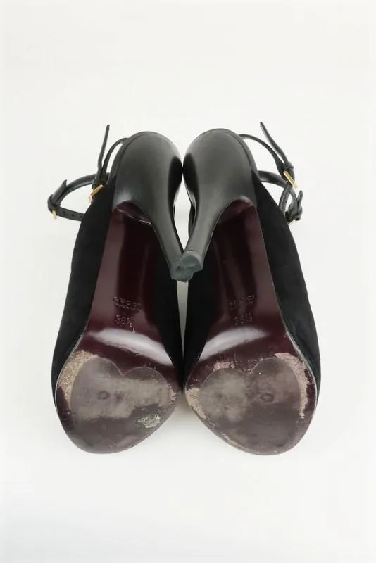 Gucci Jane Open Toe Booties Black Suede Size 38.5 Ankle Strap Heel