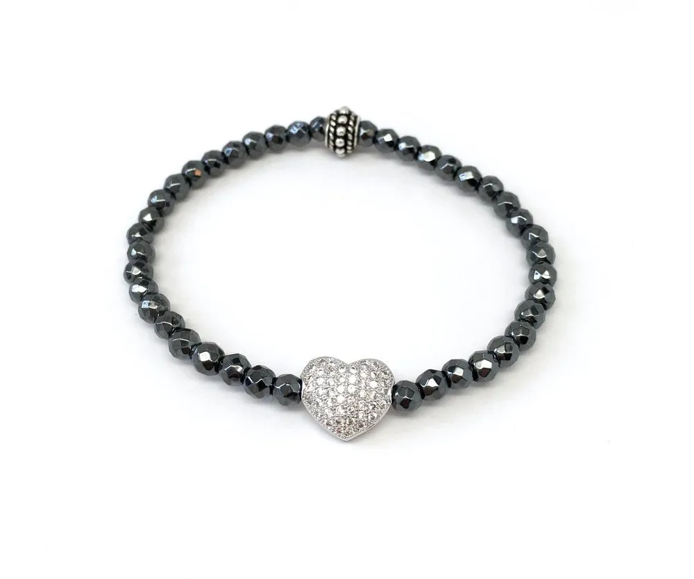 Gunmetal Hematite with Sterling Silver Heart Charm