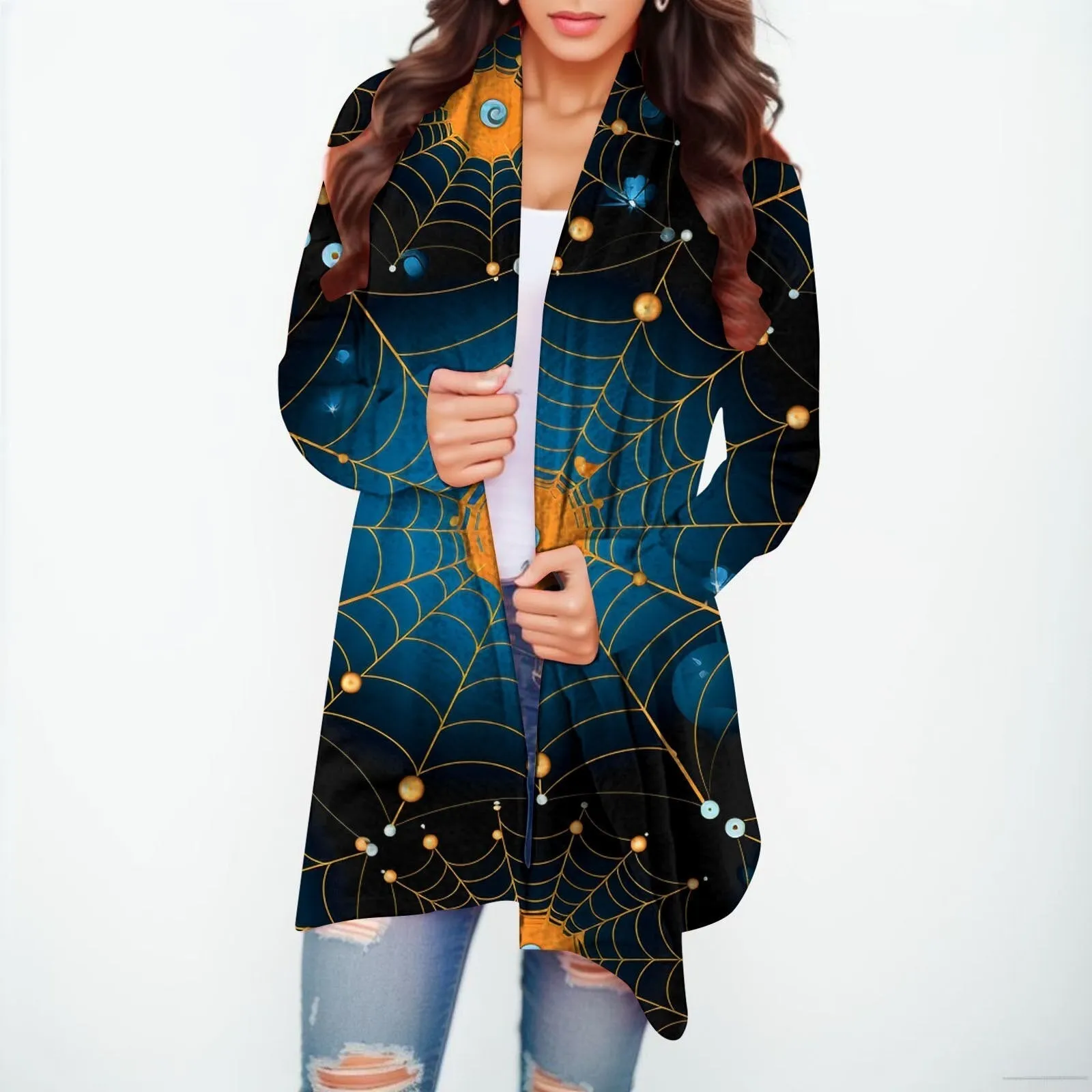 Halloween Print Women's Cardigans Witch Spider Web Fun Graphic Open Front Coat Cardigan With Pockets Fall Casual Coat Jackets