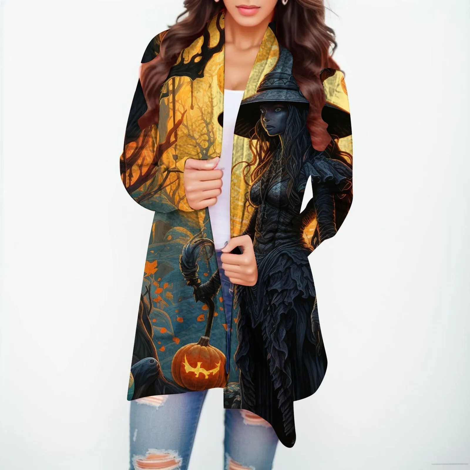 Halloween Print Women's Cardigans Witch Spider Web Fun Graphic Open Front Coat Cardigan With Pockets Fall Casual Coat Jackets