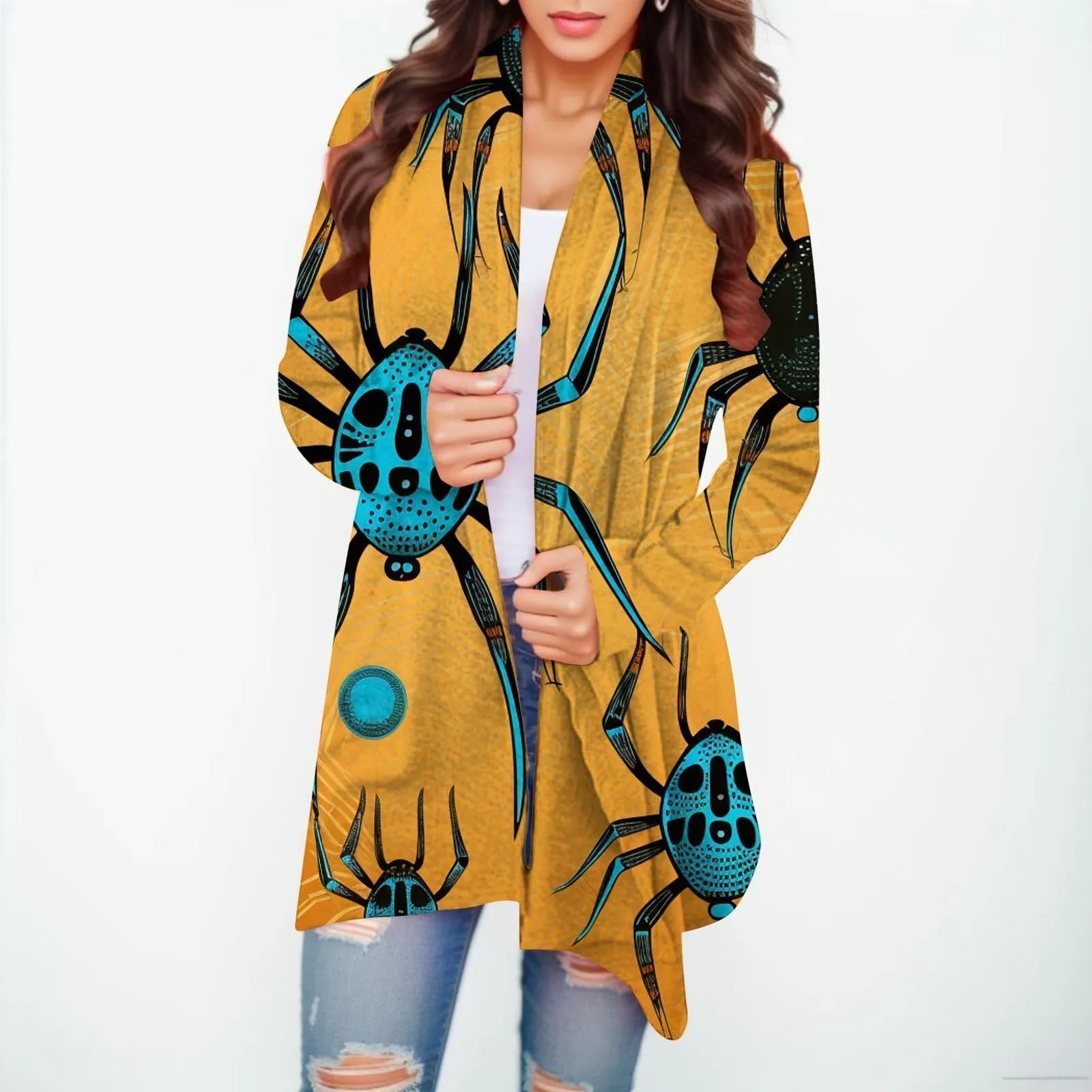 Halloween Print Women's Cardigans Witch Spider Web Fun Graphic Open Front Coat Cardigan With Pockets Fall Casual Coat Jackets