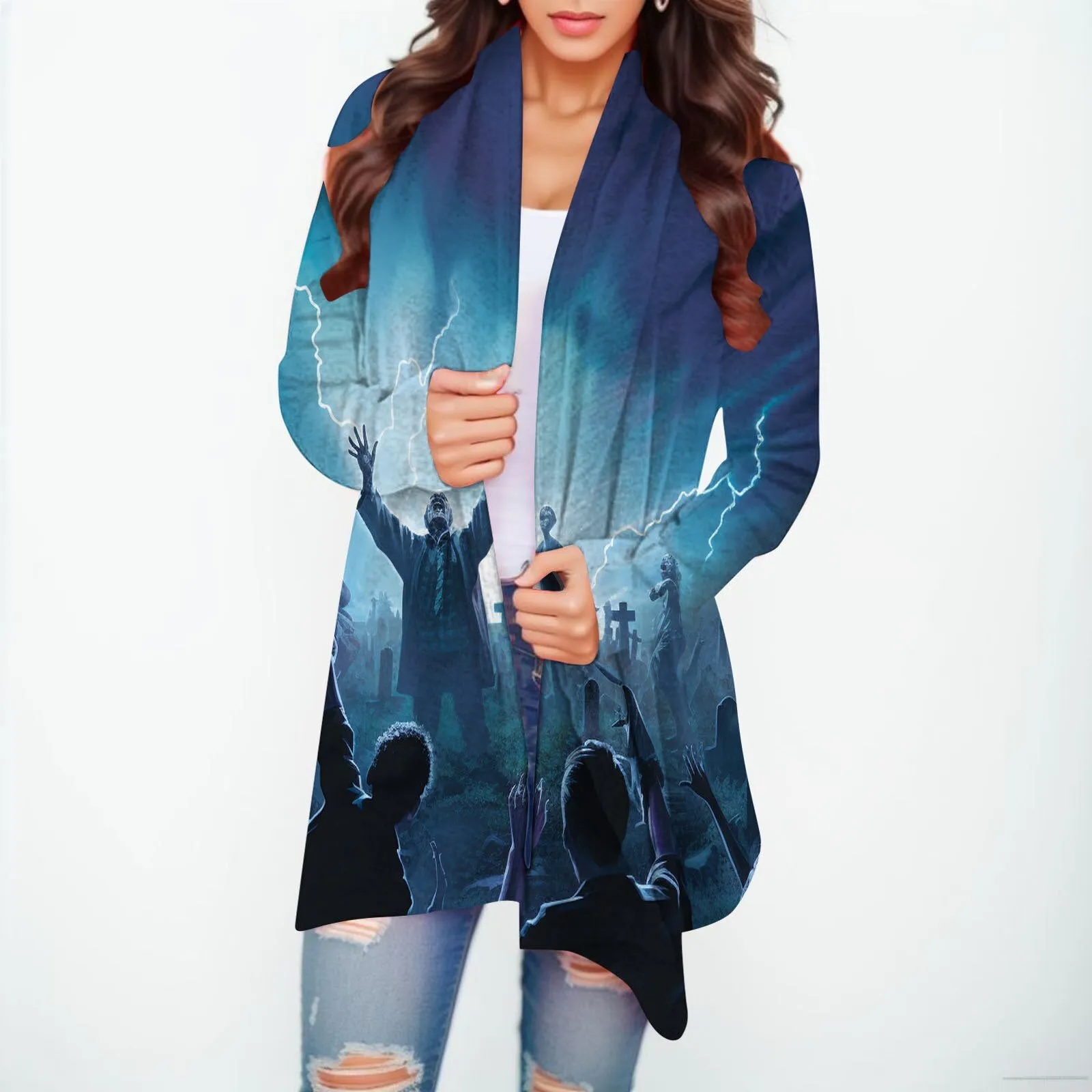Halloween Print Women's Cardigans Witch Spider Web Fun Graphic Open Front Coat Cardigan With Pockets Fall Casual Coat Jackets