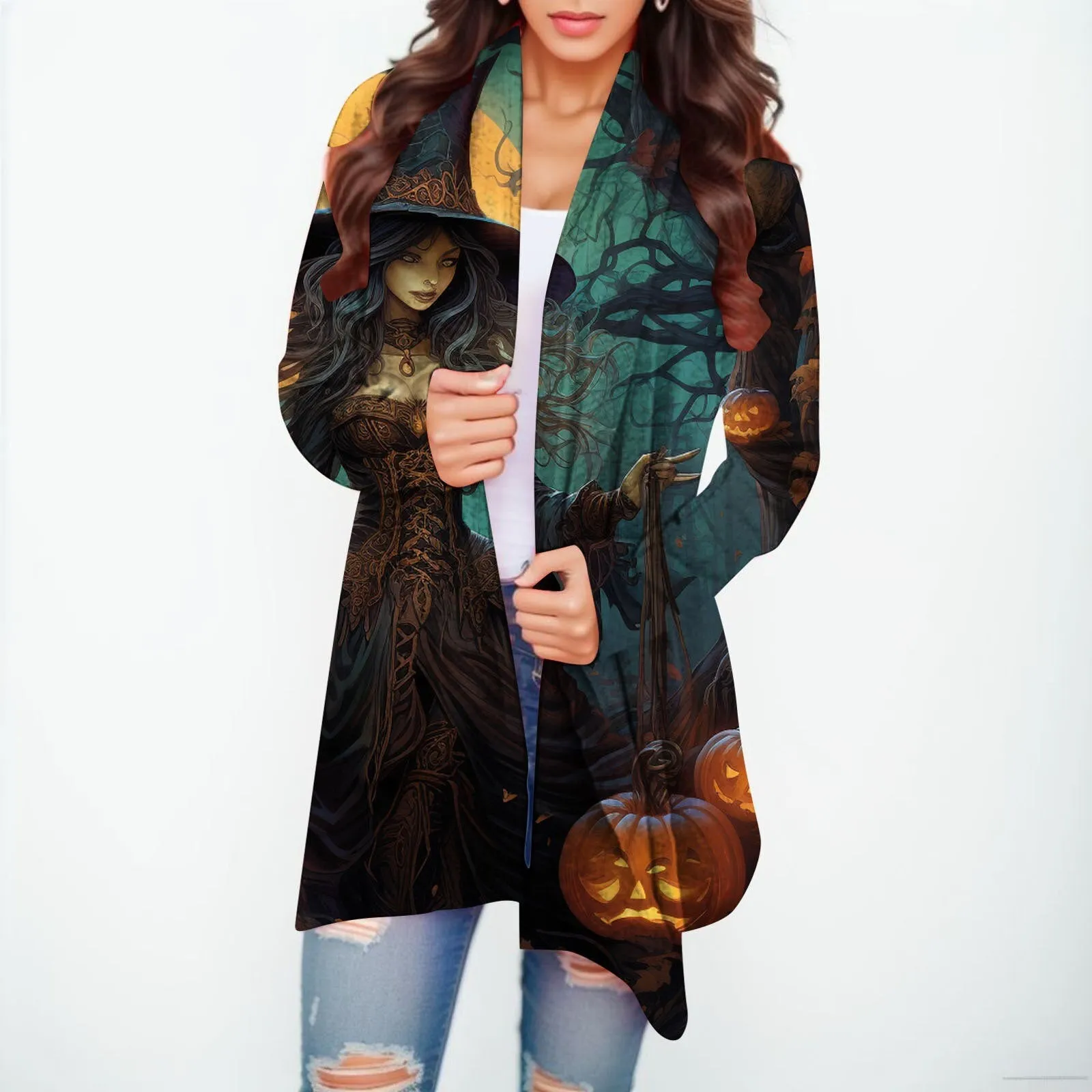 Halloween Print Women's Cardigans Witch Spider Web Fun Graphic Open Front Coat Cardigan With Pockets Fall Casual Coat Jackets