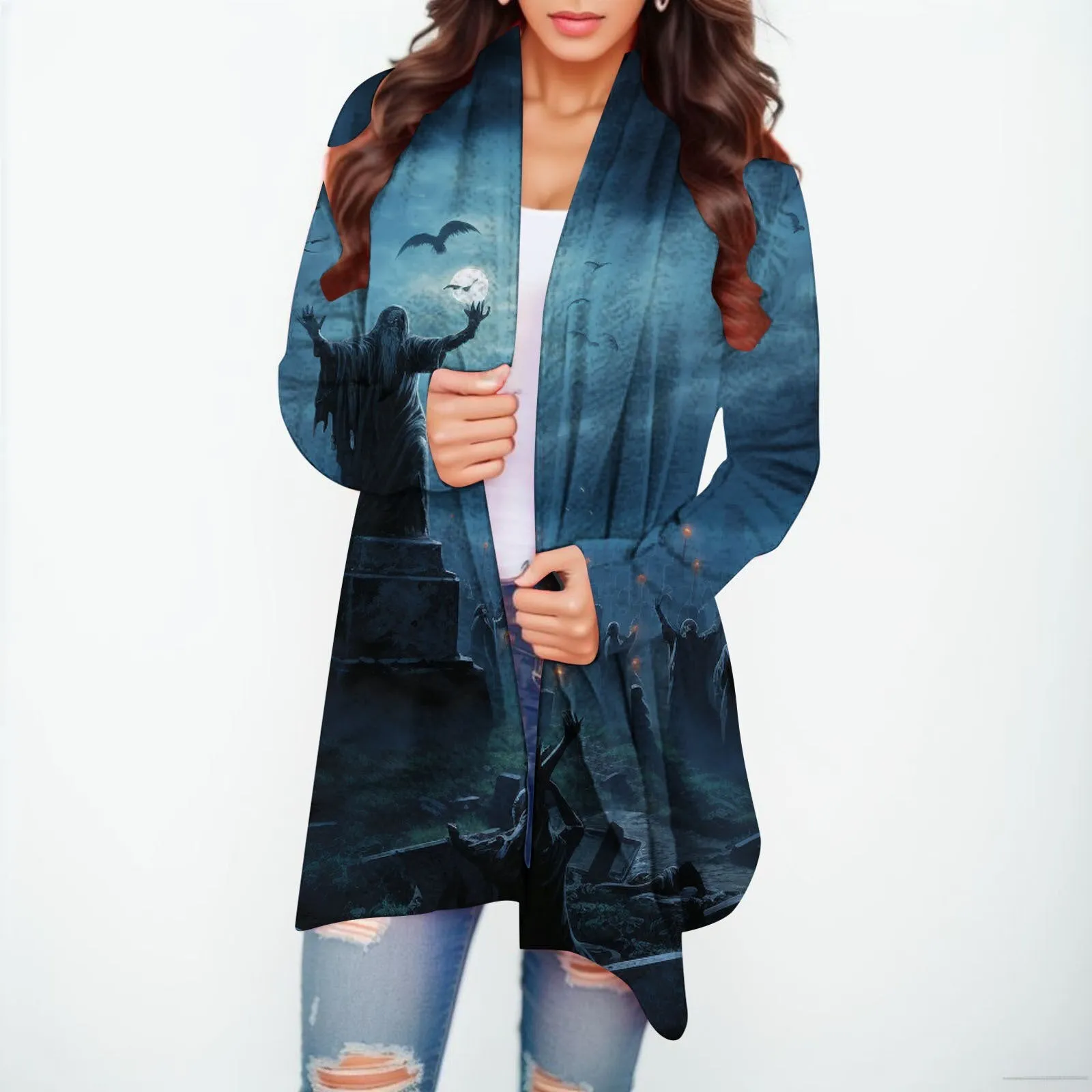 Halloween Print Women's Cardigans Witch Spider Web Fun Graphic Open Front Coat Cardigan With Pockets Fall Casual Coat Jackets