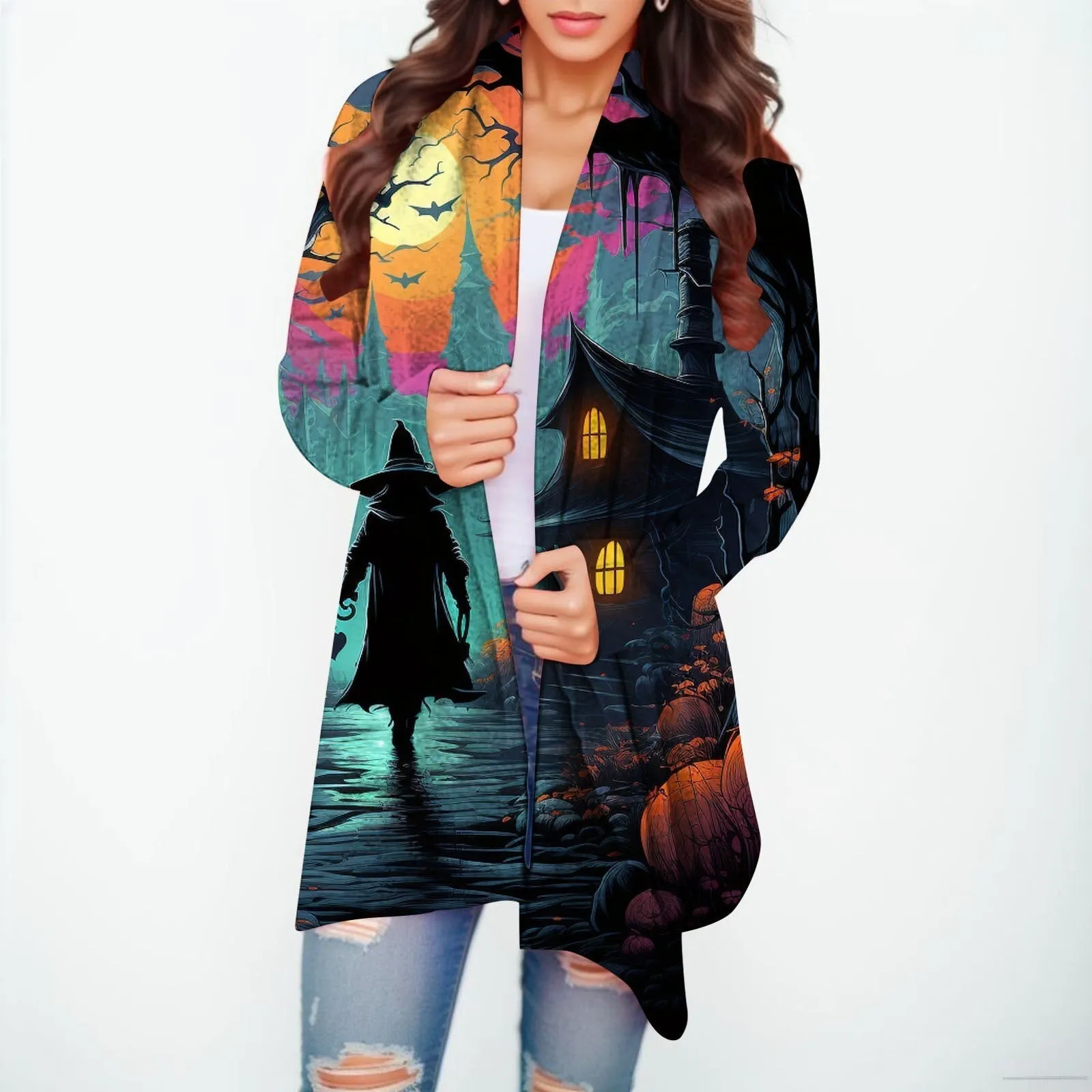Halloween Print Women's Cardigans Witch Spider Web Fun Graphic Open Front Coat Cardigan With Pockets Fall Casual Coat Jackets