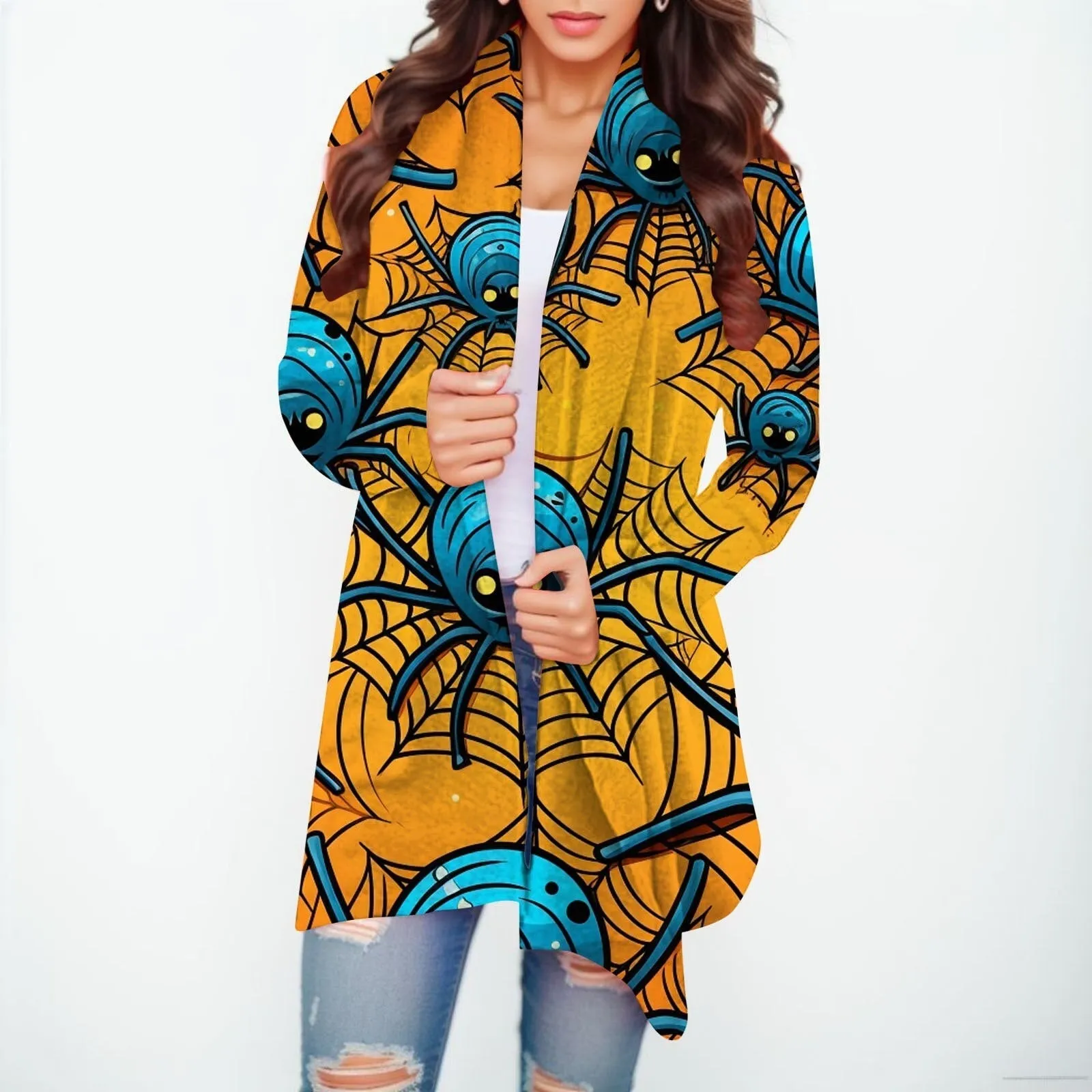 Halloween Print Women's Cardigans Witch Spider Web Fun Graphic Open Front Coat Cardigan With Pockets Fall Casual Coat Jackets