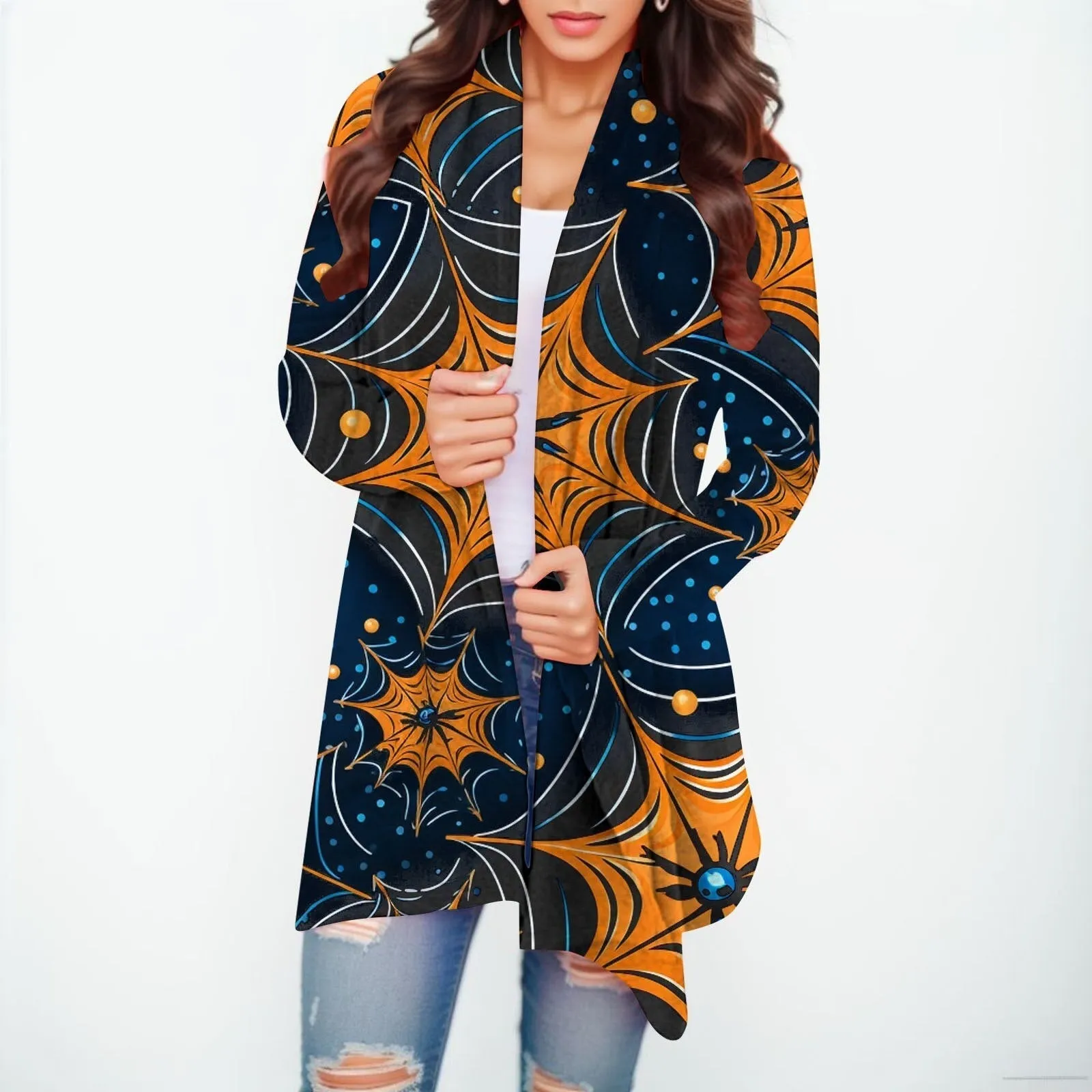 Halloween Print Women's Cardigans Witch Spider Web Fun Graphic Open Front Coat Cardigan With Pockets Fall Casual Coat Jackets
