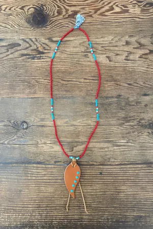 Hanami Leather Teardrop Bead Necklace Red/Turq/Wht