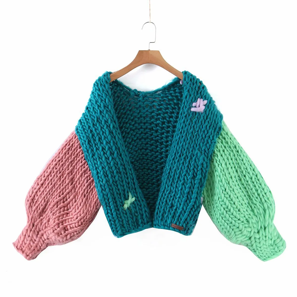 Handicraft Knit Contrast Lantern Sleeve Cardigans