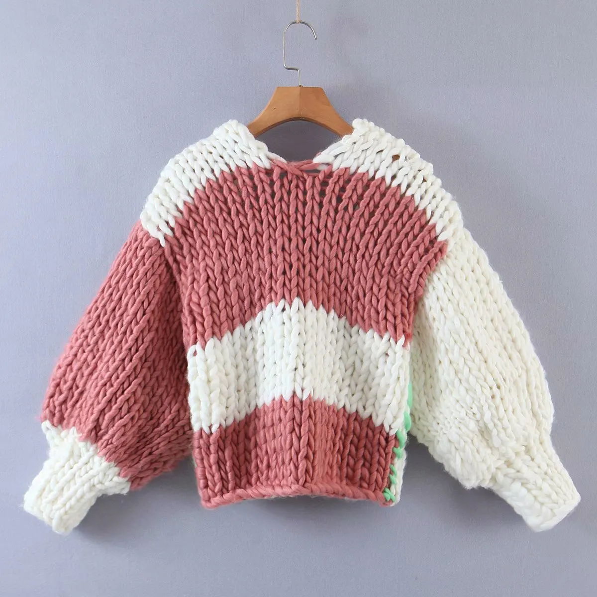 Handicraft Knit Contrast Lantern Sleeve Cardigans