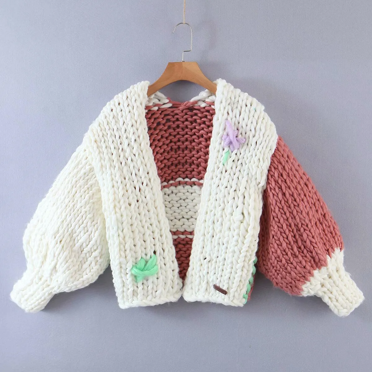 Handicraft Knit Contrast Lantern Sleeve Cardigans