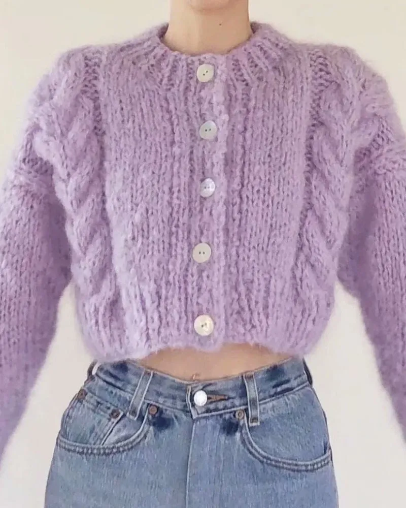 Handicraft Single-breasted Knit Splicing Crop Tops Cardigans