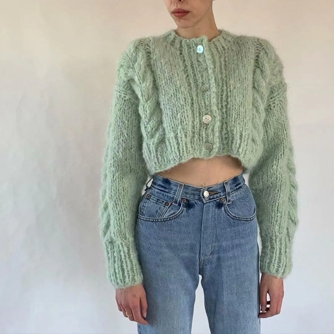 Handicraft Single-breasted Knit Splicing Crop Tops Cardigans
