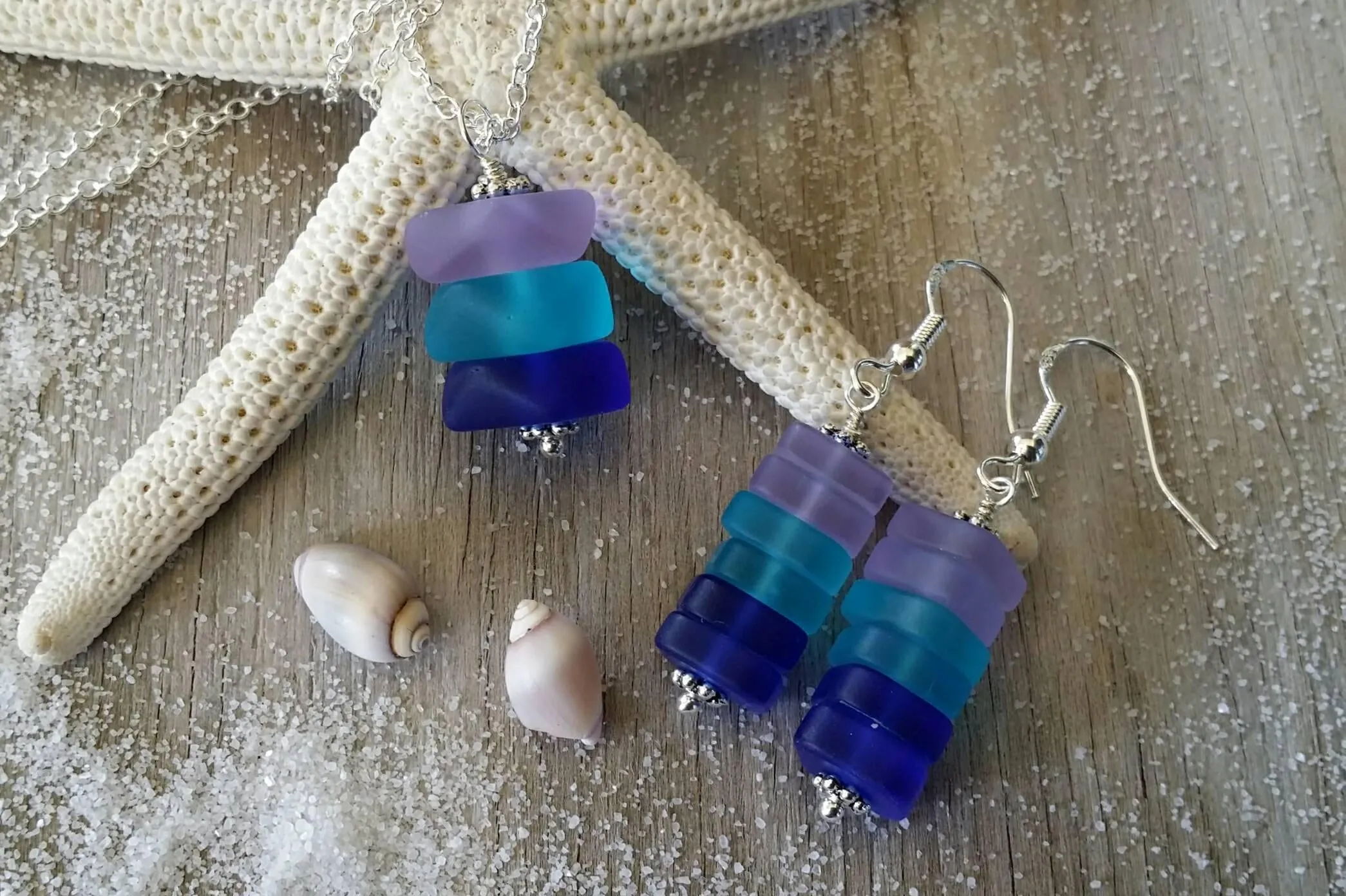 Handmade in Hawaii, Purple blue cobalt triple sea glass necklace   earrings jewelry set,  gift box