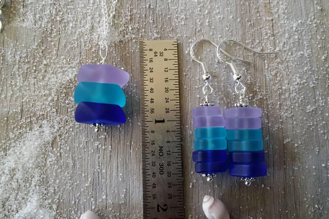 Handmade in Hawaii, Purple blue cobalt triple sea glass necklace   earrings jewelry set,  gift box