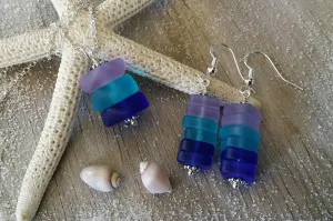 Handmade in Hawaii, Purple blue cobalt triple sea glass necklace   earrings jewelry set,  gift box