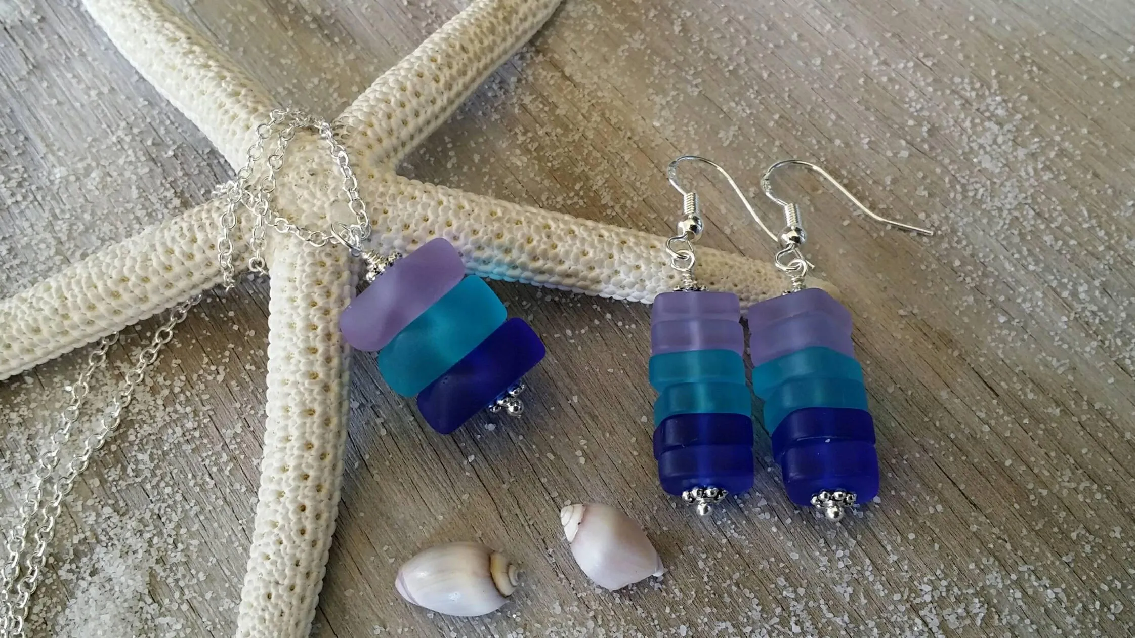 Handmade in Hawaii, Purple blue cobalt triple sea glass necklace   earrings jewelry set,  gift box