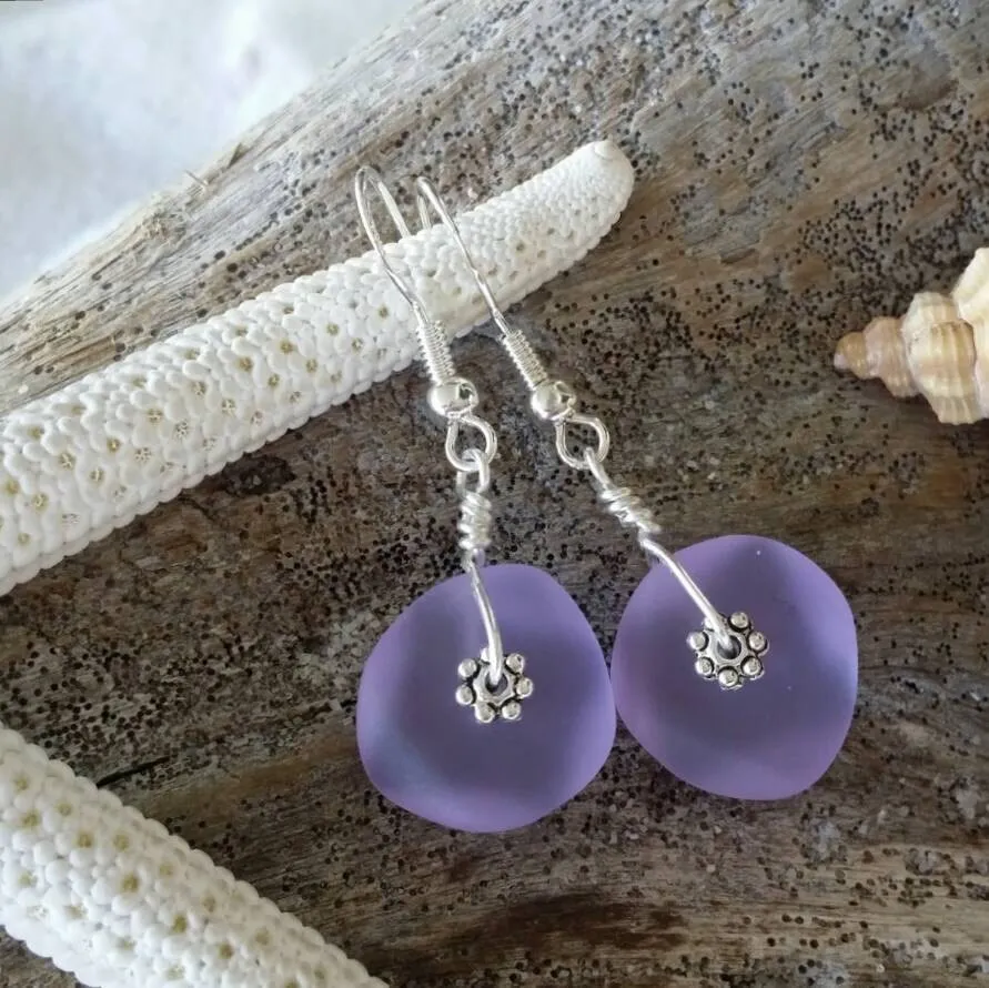 Handmade in Hawaii, purple sea glass earrings,   gift box.beach glass jewelry.sea glass earrings.sea glass jewelry.