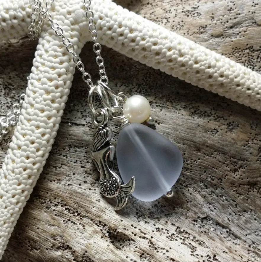 Handmade in Hawaii, purple sea glass necklace, Mermaid charm ,Fresh water pearl,   Mother's Day gift